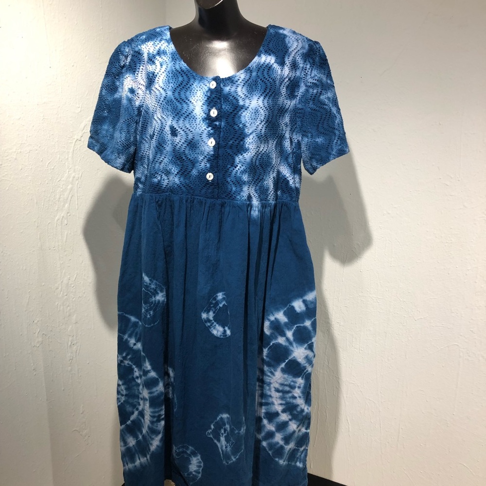 Upcycled Cotton Dress Blue & White Tie Dye XL pockets!! Two Potato